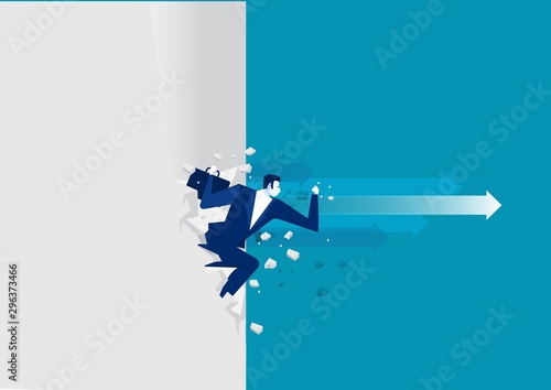 Businessman running through a glass, business situation vector illustration