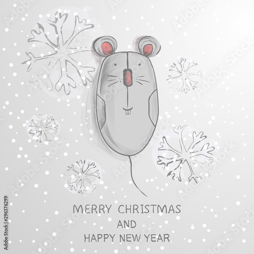 Funny computer mouse with ears and tail. New Year 2020 sign. Christmas card