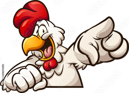 Fotografiet Happy cartoon chicken pointing at camera clip art