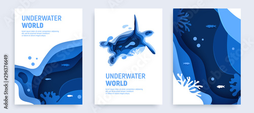 Fotografia Underwater ocean abstract paper art background set