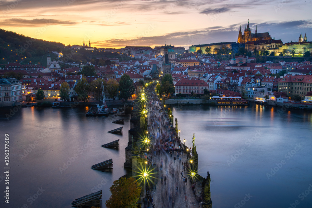 Panorama of Prague with red roofs from above autumn day at dusk, Czech Republic Panorama of Prague with red roofs from above autumn day at dusk, Czech Republic