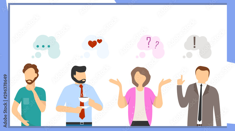 Set of portraits of thoughtful people. Men and women who think or solve a problem. Positive emotions of people surrounded by thoughts in the form of a cloud. Vector illustration Set of portraits of thoughtful people. Men and women who think or solve a problem. Positive emotions of people surrounded by thoughts in the form of a cloud. Vector illustration