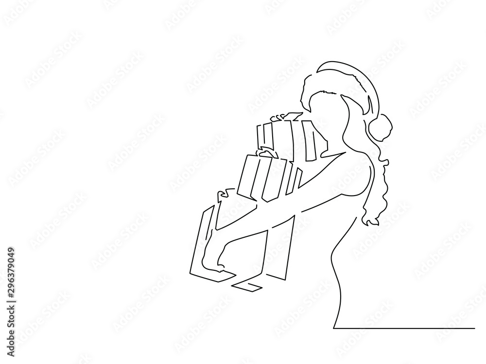 Woman holding christmas gifts isolated line drawing, vector illustration design. Christmas collection.