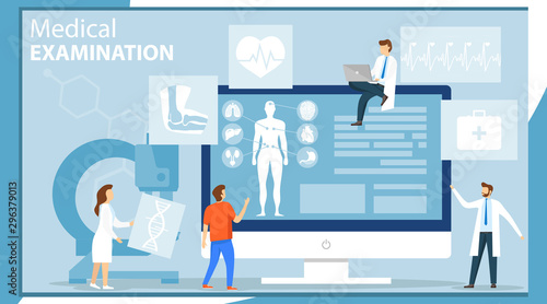 Medical examination. Group of doctors conducting a medical examination of a patient. Online medical examination on a computer screen saver. Vector illustration