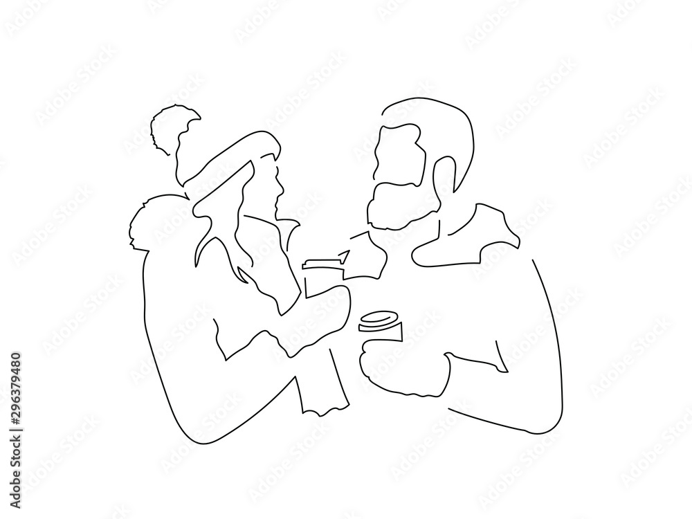 Couple drinking coffee isolated line drawing, vector illustration design. Christmas collection.