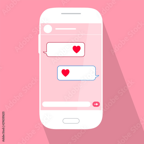 Love chat messages with heart shape on white mobile phone. Romantic sms conversation . Isolated on pink background. Vector flat illustration.