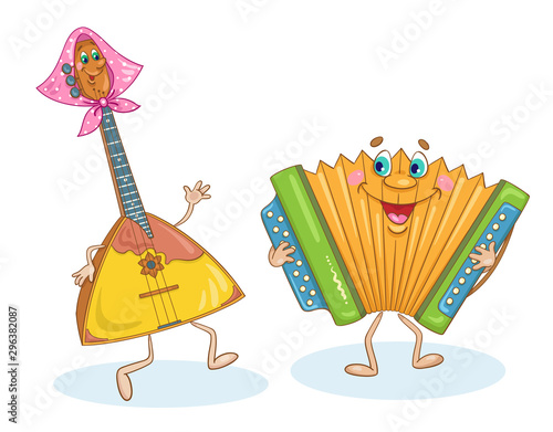 Musical instruments. Funny harmonica and cute balalaika play and dance. In cartoon style. Isolated on a white background. Vector illustration.