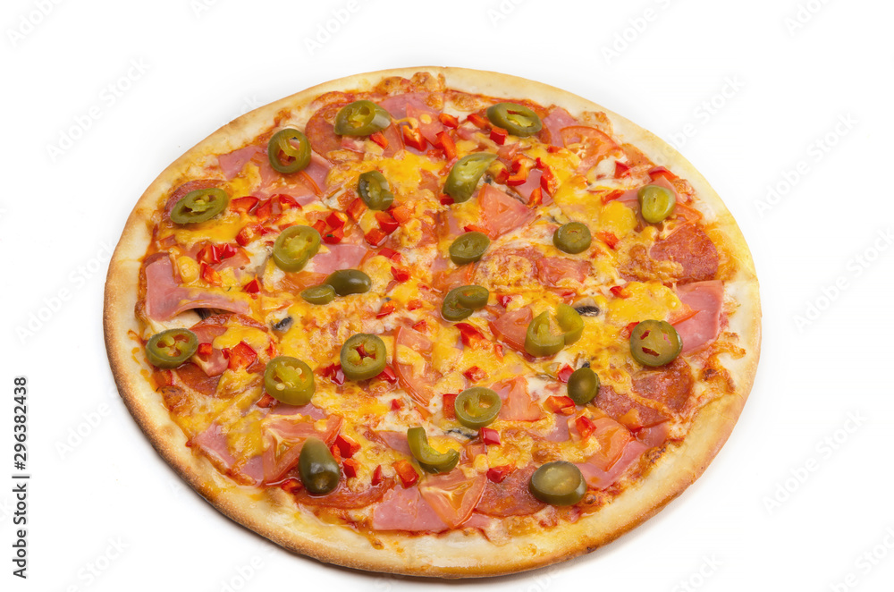 Pizza with green hot pepper on white bacground