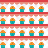 seamless pattern, cupcakes on the shelves, with polka dots background