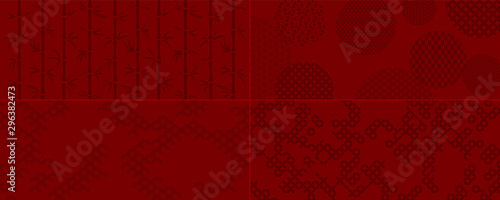 Set of red backgrounds in oriental style with bamboo, pattern textures. Vector illustration. Concept Chinese New Year, Mid Autumn holiday banner, print, packaging, wrapping paper. Flat style design.