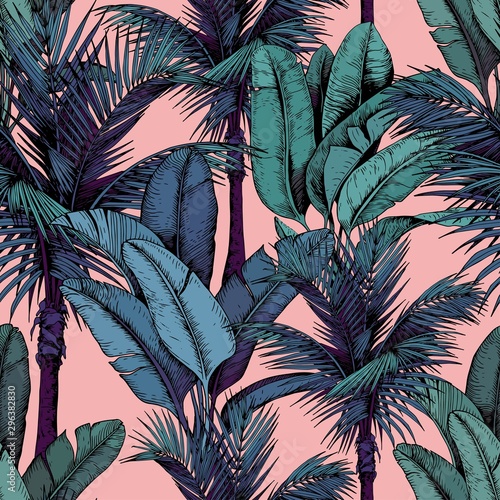 Seamless pattern with tropical palm and banana leaves on pink background. Hand drawn vector illustration.