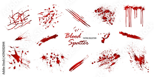 Set of various blood or paint splatters isolated on white background. Happy Halloween decoration,horrible blood drops, creepy splash, spot.Vector illustration