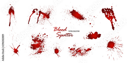 Set of various blood or paint splatters isolated on white background. Happy Halloween decoration,horrible blood drops, creepy splash, spot.Vector illustration