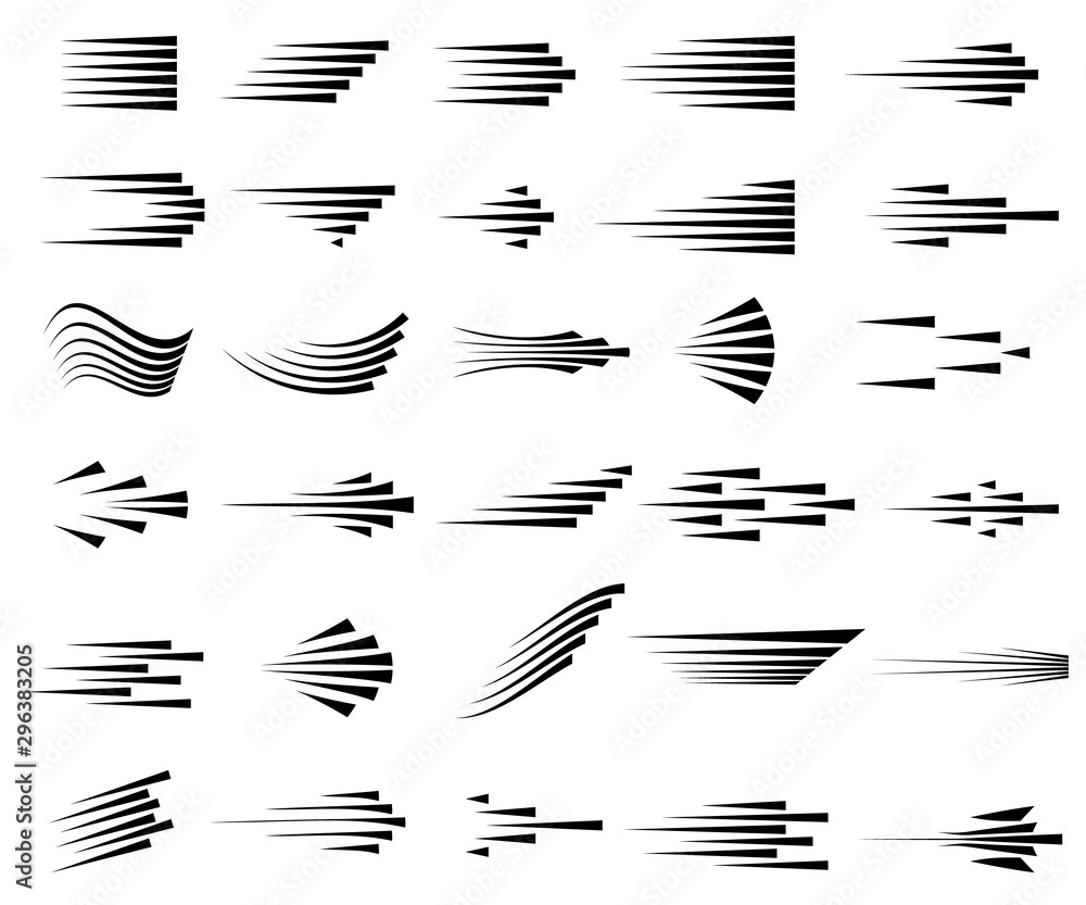 Motion linear icons set. Speed. Flying items. Fast services. Thin