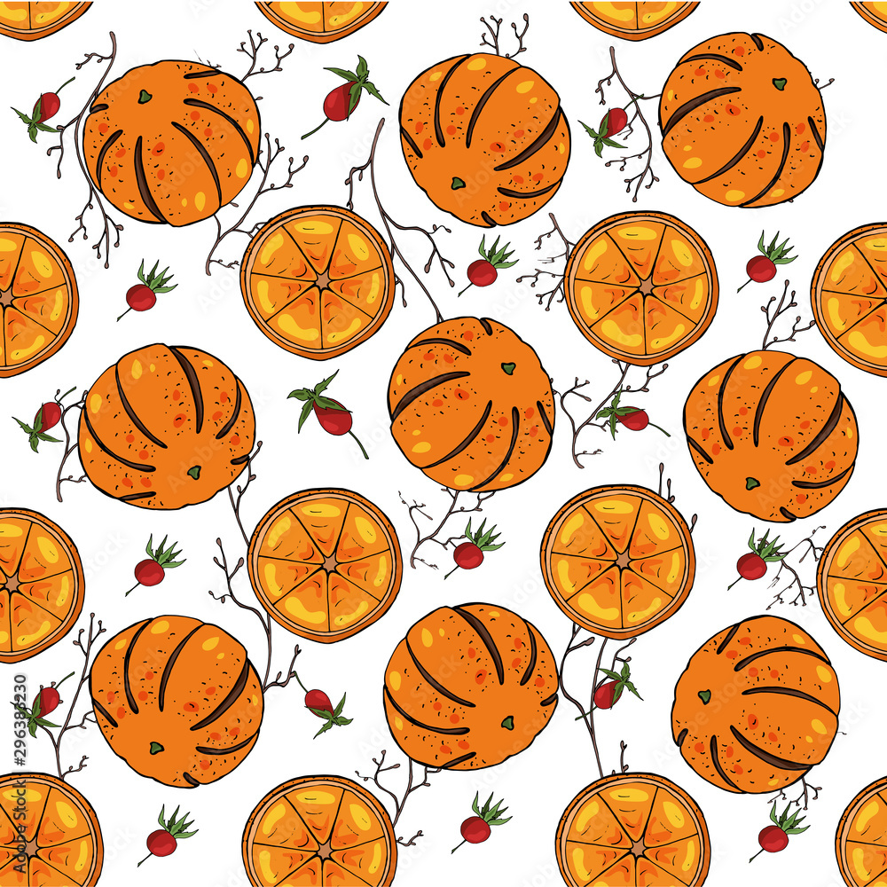 Web Vector Christmas square seamless pattern of twigs, orange tangerines, rosehip berries. Christmas, New Year concept. For the design of postcards and frames, walls, fabrics.