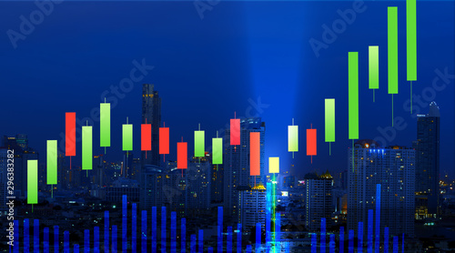 stock graph chart candle stick with bullish hammer sign or Kangaroo tail  and volume diagram with city night on background, stock chart indicator analysis concept