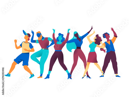 Group of happy cheering characters in different poses expressing various emotions celebrate at a party. Company men women avatars isolated on white background. Vector illustration