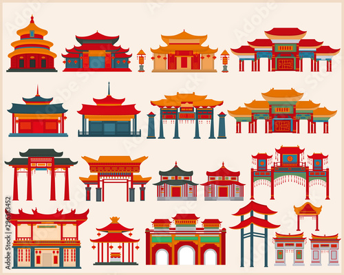 Set of Chinese temples, gates and traditional buildings on a white background.