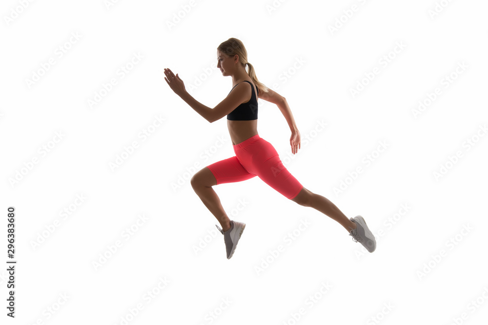 Girl runner on white background. Sport lifestyle and health concept. Start run. Life is motion. Woman athlete run achieve great result. How run faster. Speed training guide. Improve run speed