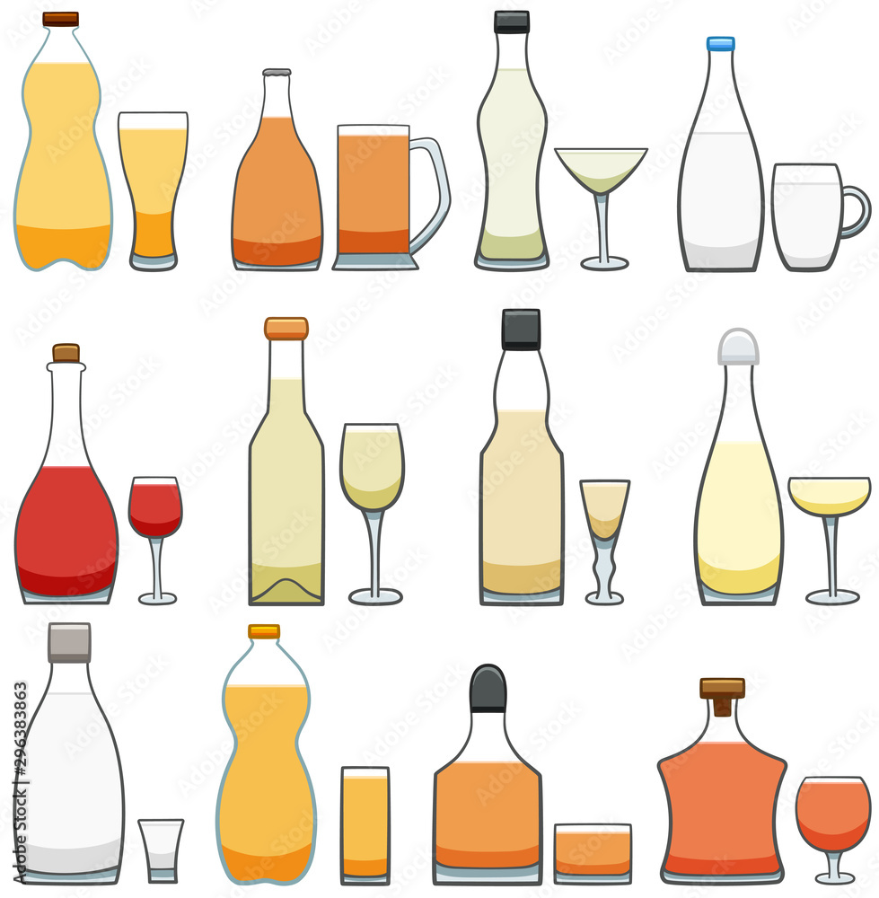 Set of twelve glass and bottle pairs with different beverages Set of twelve glass and bottle pairs with different beverages