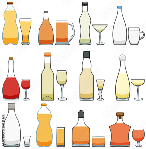 Set of twelve glass and bottle pairs with different beverages