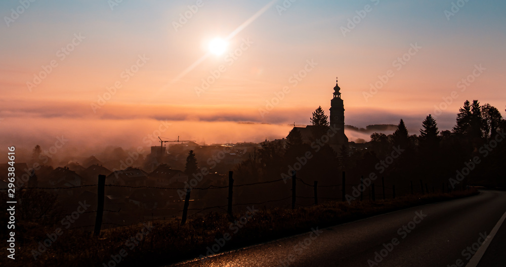 Beautiful foggy sunrise at Tittmoning, Bavaria, Germany