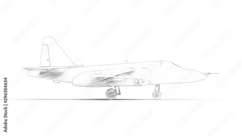 Line illustration of a modern fighter jet airplane isolated in white studio