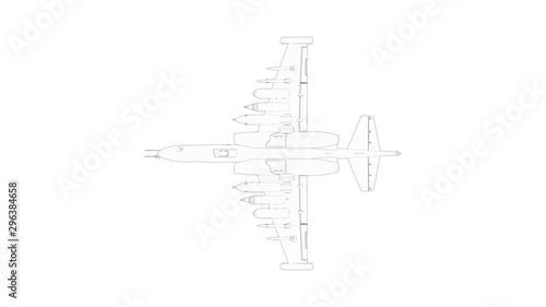 Line illustration of a modern fighter jet airplane isolated in white studio photo