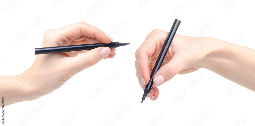 Black felt-tip pen in hand collage on white background isolation Black felt-tip pen in hand collage on white background isolation