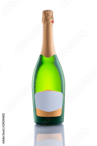 Single green full unopened bottle of champagne with golden foil on the neck, blank label for text and reflection on the table isolated on a white background. Clipping path