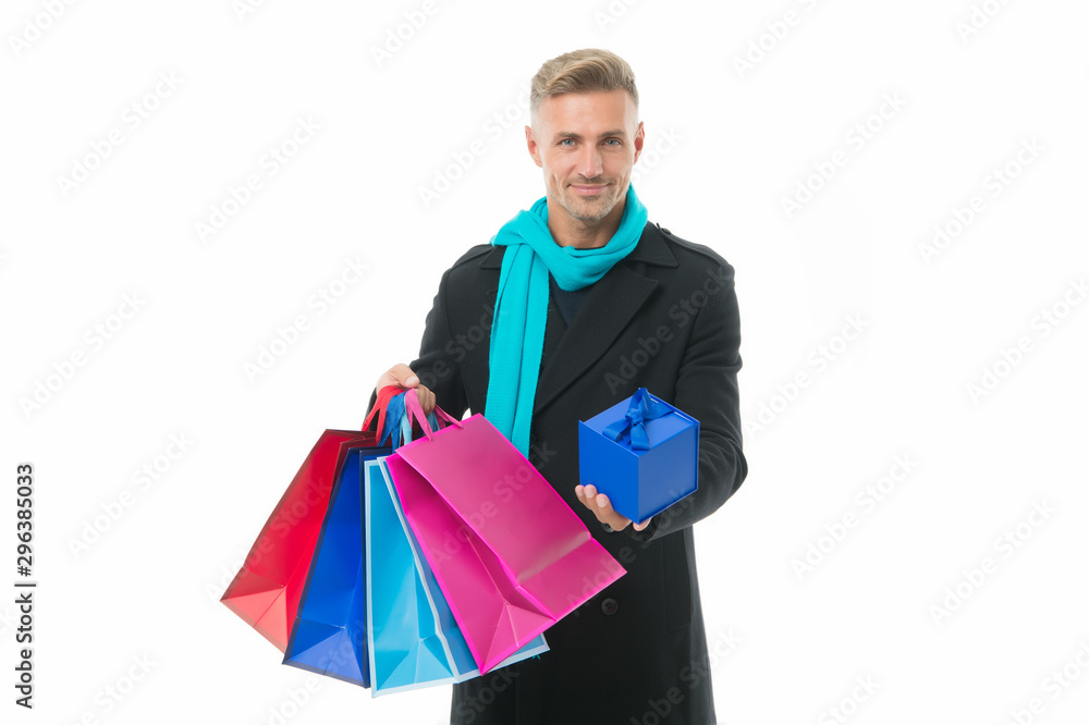 Black friday. Mature man enjoying shopping. Happy man with shopping bags isolated on white. Excited guy doing shopping. Shopping happiness. Nice purchase. Gifts for holidays. Courier service delivery Black friday. Mature man enjoying shopping. Happy man with shopping bags isolated on white. Excited guy doing shopping. Shopping happiness. Nice purchase. Gifts for holidays. Courier service delivery