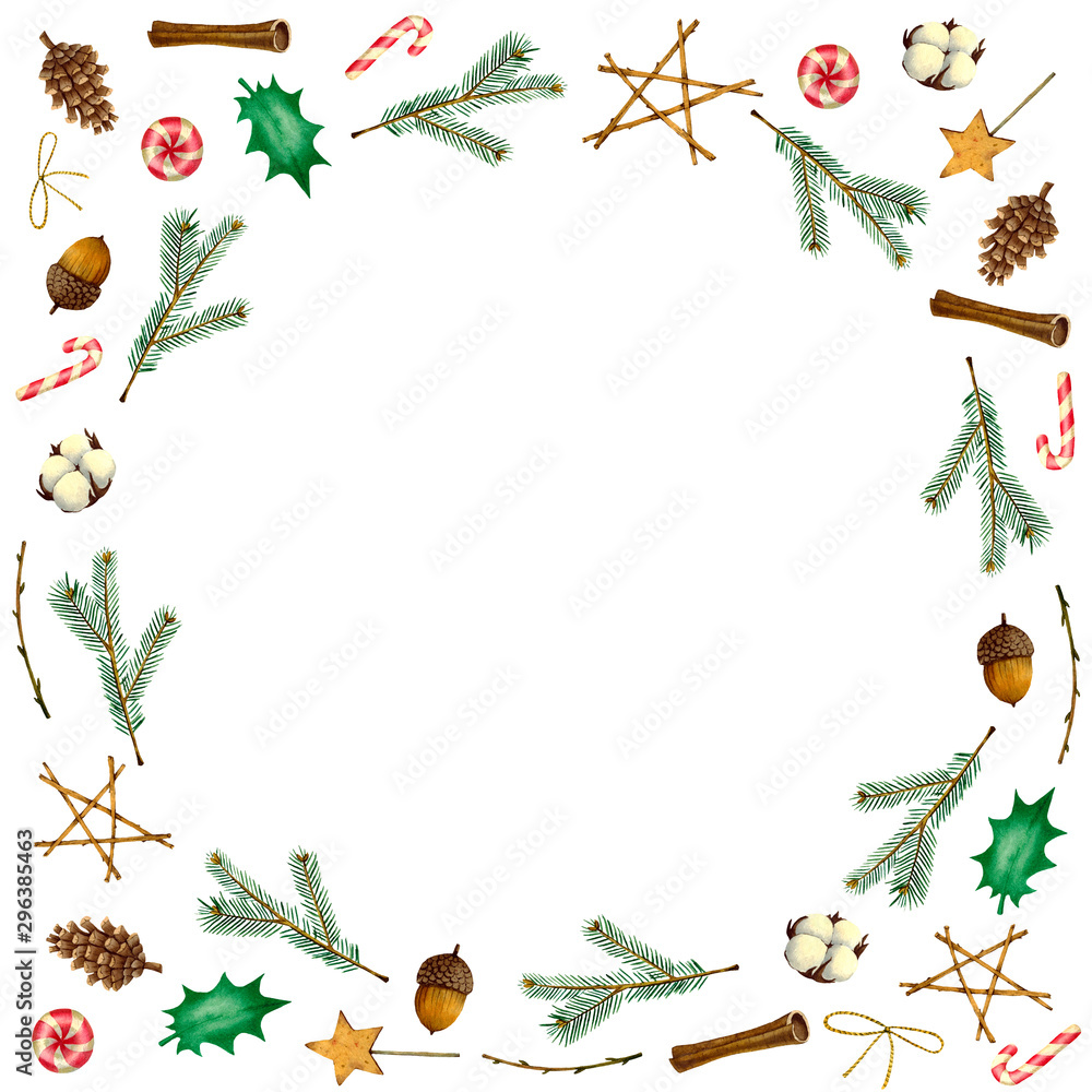 Watercolor round Christmas frame. Hand drawn elements of spruce branches, cones, cotton, gifts, candy on a white background. For festive decoration of greeting cards and invitations.