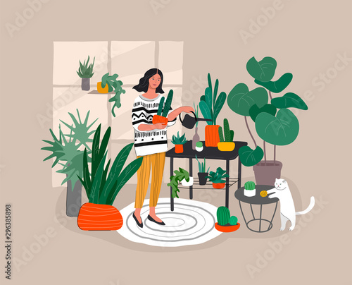 Girl caring for house plants in urban home garden with cat. Daily life and everyday routine scene by young woman in scandinavian, style cozy interior with homeplants. Cartoon vector