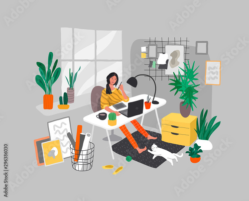 Freelancer designer girl working in nordic style home office with cat. Daily life and everyday routine scene by young woman in scandinavian style cozy interior with homeplants. Cartoon vector