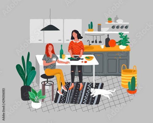 Girlfriends preparing dinner in kitchen drink coffee and talking. Daily life and everyday routine scene by young woman in scandinavian, style cozy interior with homeplants. Cartoon vector