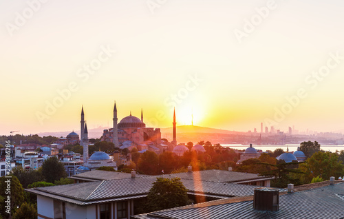 Photography Hagia Sophia and Istanbul roofs at sunrise, beautiful view