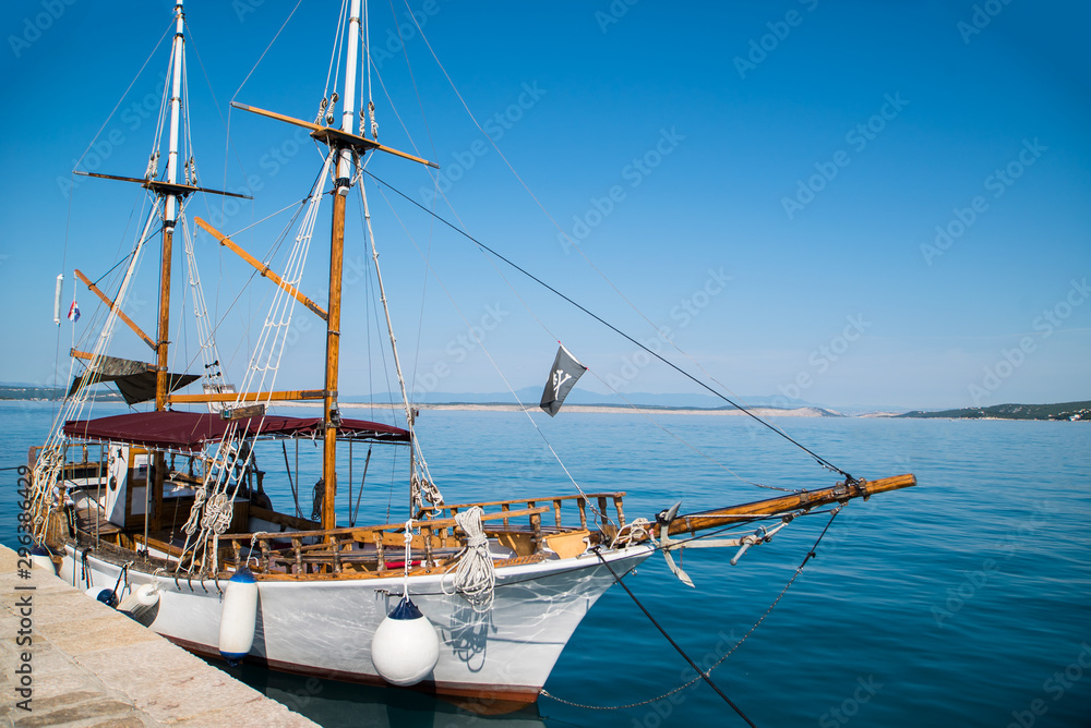 pirate flag on a ship near the city. Croatia
