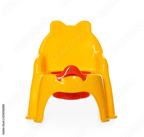 Yellow plastic potty on white background. Toilet training