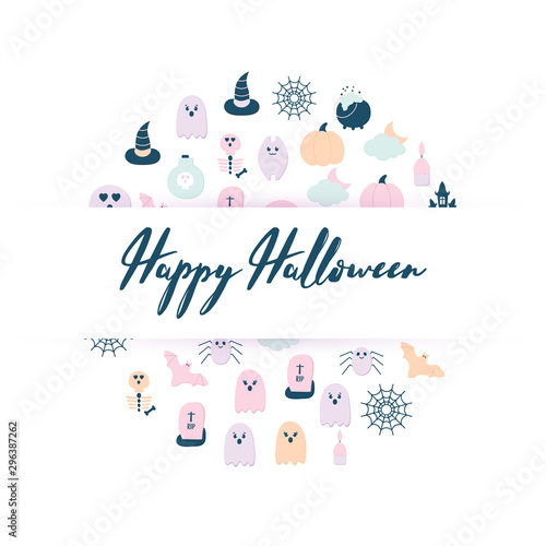 Happy Halloween banner with a Lettering. Flat style Halloween icons scary ghost, pumpkin, witch hat, bat, potion bottle, skull, skeleton, spider net, cat.