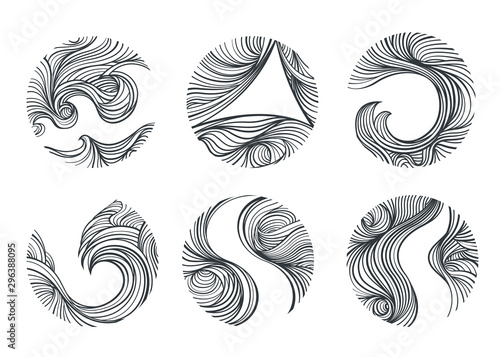Wind and curl line art in circle and eclipse shape.