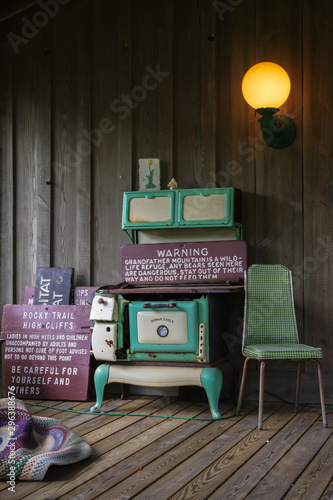 Warning signs with furniture in room