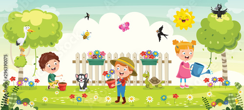 Little Children Gardening And Planting