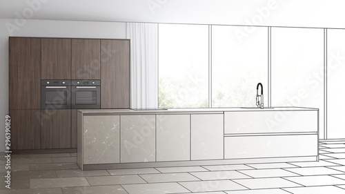 Modern kitchen interior. Dark wood kitchen with island made of natural stone. Design project. Sketch. 3D rendering.