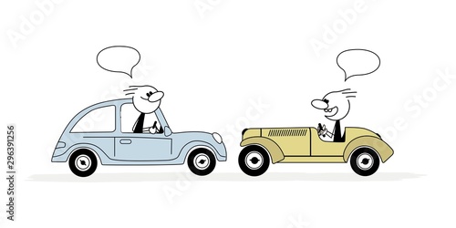 Doodle stick figure: meeting of two drivers. Vector.