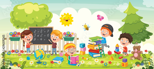 Little School Children Studying At Park