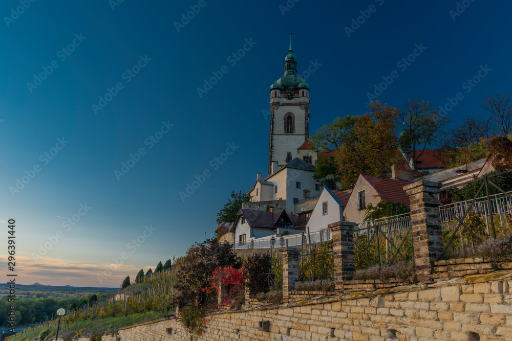 Church castle and old houses in old town Melnik in central Bohemia
