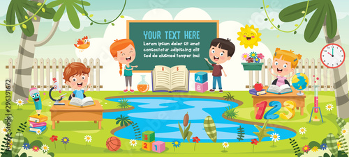 Little School Children Studying At Park