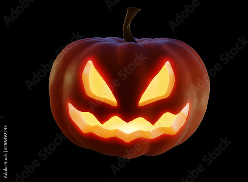 Jack-o-lantern pumpkin with orange light isolated on black. Clipping path. Render 3d illustration. © mylisa