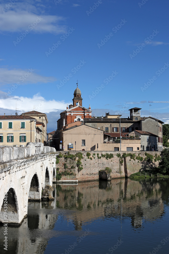 old town and Tiberius bridge in Rimini Italy