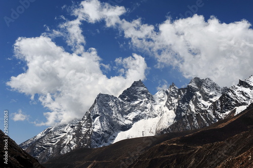 The highest mountains of the world are the Himalayas. Panorama of the highest mountains. Nepal.